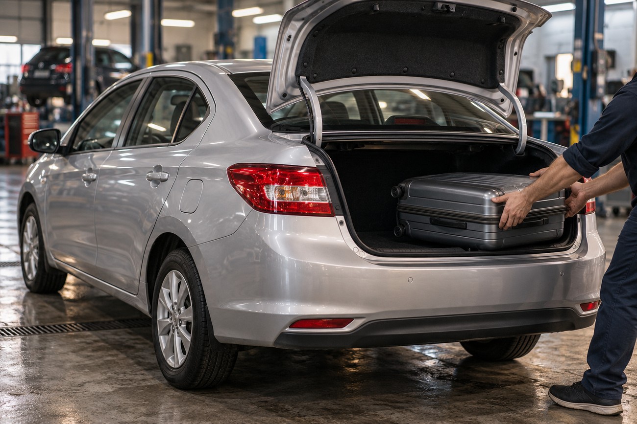 A mechanic loading a gray suitcase into the open trunk of a silver Dongfeng Fengshen sedan in a workshop
