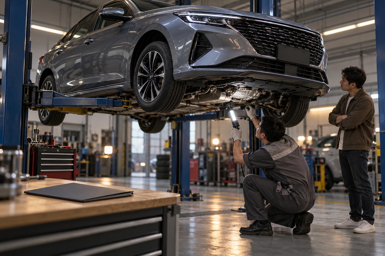 A mechanic in uniform inspects the underside of a lifted Dongfeng Fengshen sedan with a flashlight while a customer observes in a repair shop