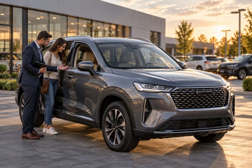 A car salesman in a suit presenting a grey Haval H6 SUV to a customer outdoors at sunset