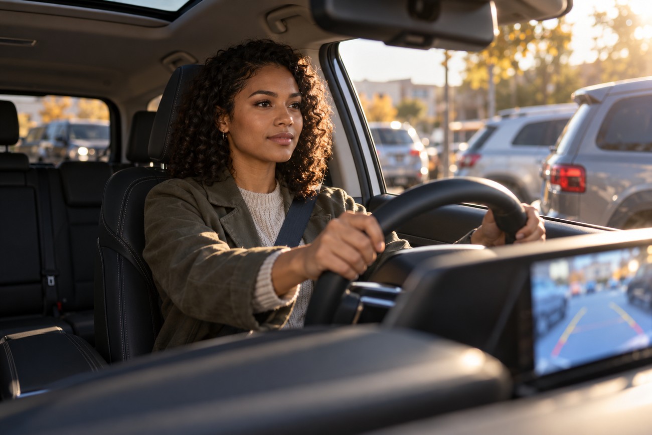 A curly-haired woman driving a modern Haval H6 SUV with her hands on the steering wheel