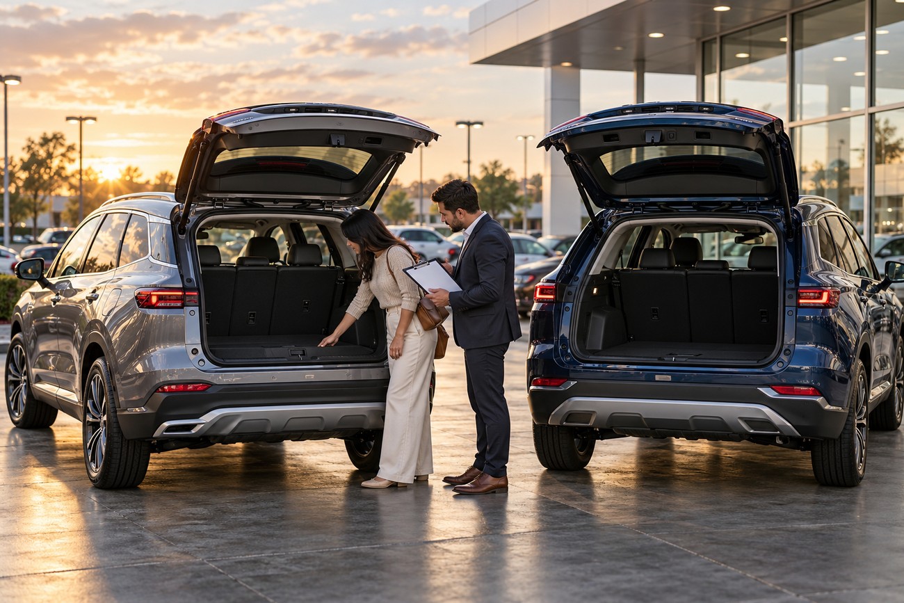 A car salesman showing the open trunk of a Haval H6 SUV to a female customer at a dealership