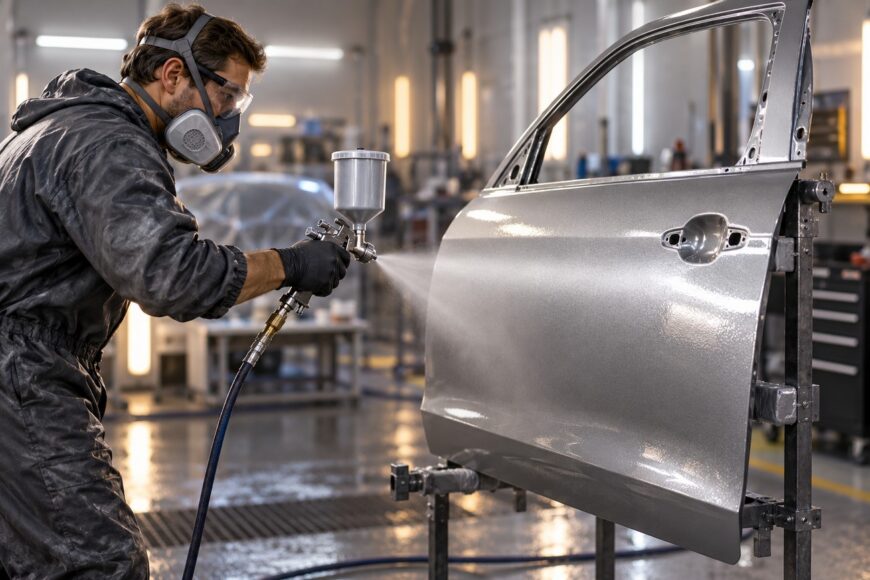 A technician wearing a respirator and protective suit sprays metallic paint evenly onto a car door using a pneumatic spray gun