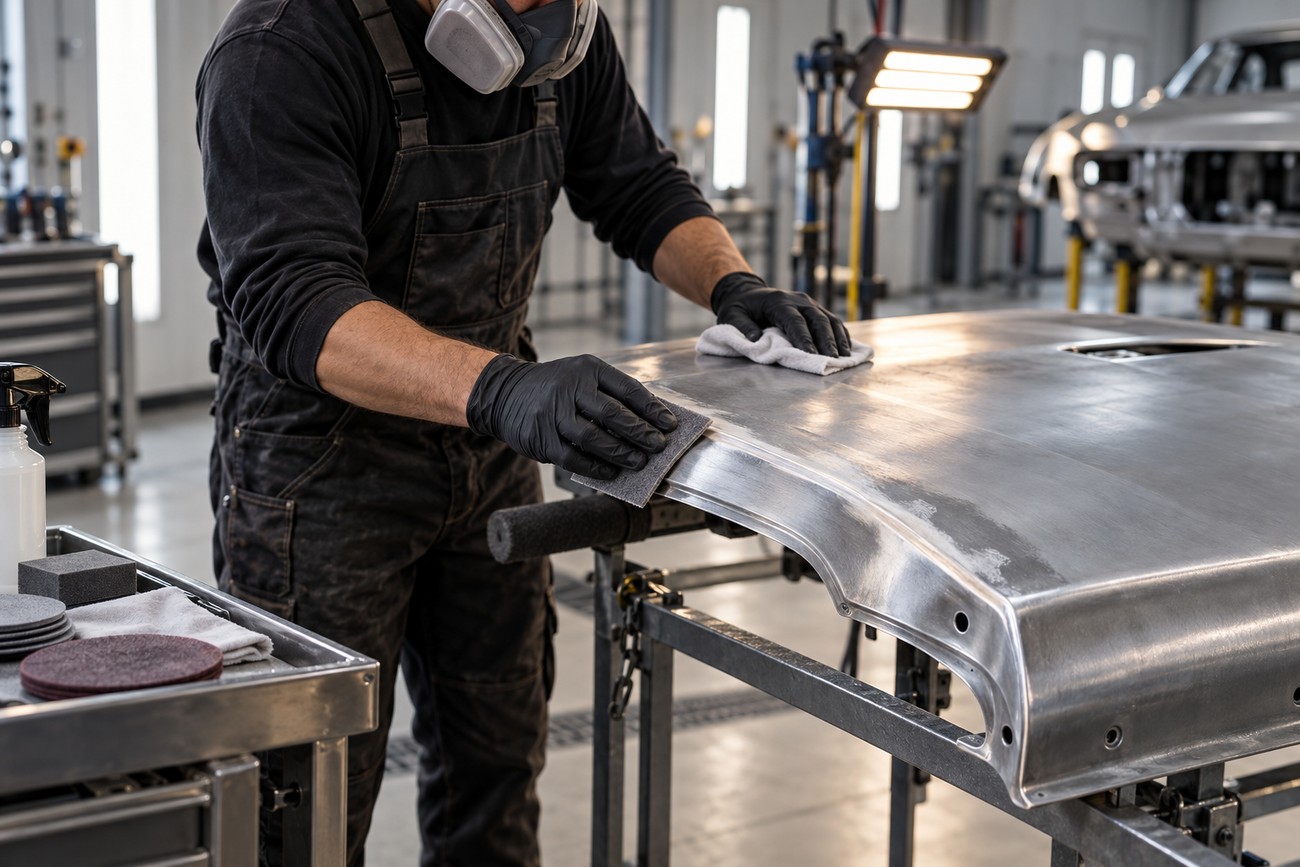 A mechanic in black overalls and a respirator sands a car hood in an auto body shop