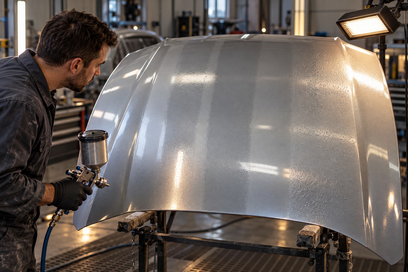 A technician in a workshop uses a spray gun to apply metallic paint onto a car hood under bright lights