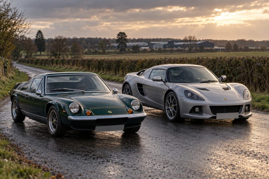 A classic green Lotus Europa and a modern silver Lotus parked on a wet rural road during sunset
