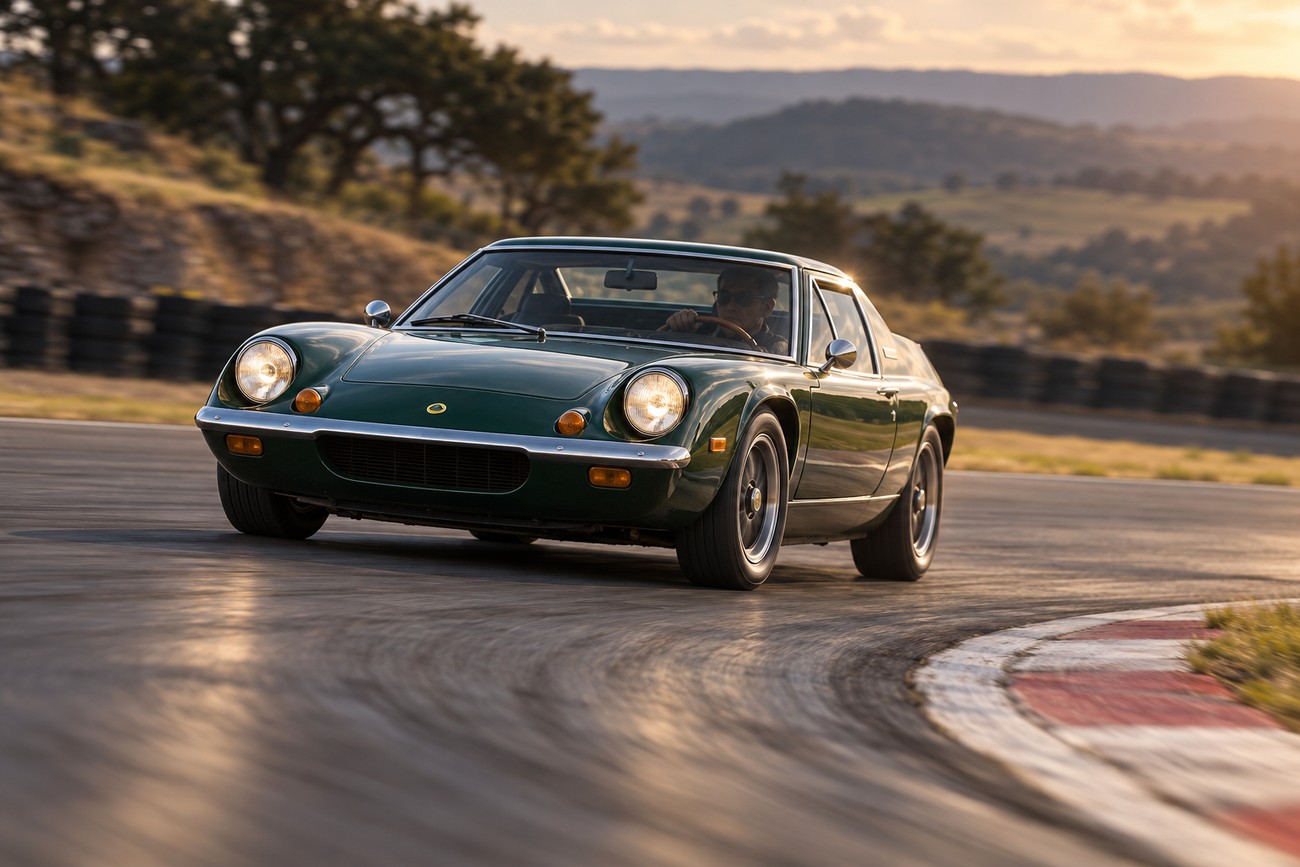 Classic British racing green Lotus Europa sports car driving on a winding race track at sunset