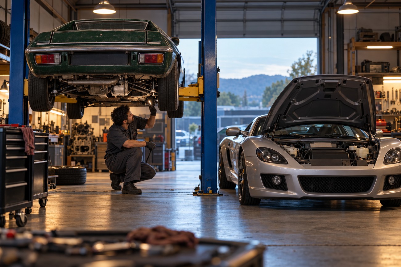 A mechanic in overalls inspects the undercarriage of a green Lotus Europa raised on a hydraulic lift inside a garage