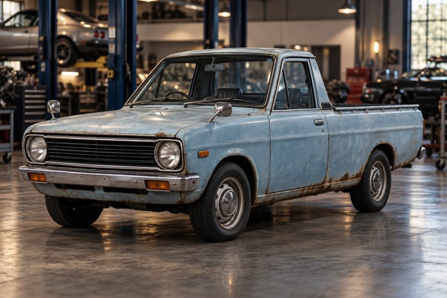 A vintage light blue Nissan Sunny Truck with rust spots parked inside a spacious garage workshop