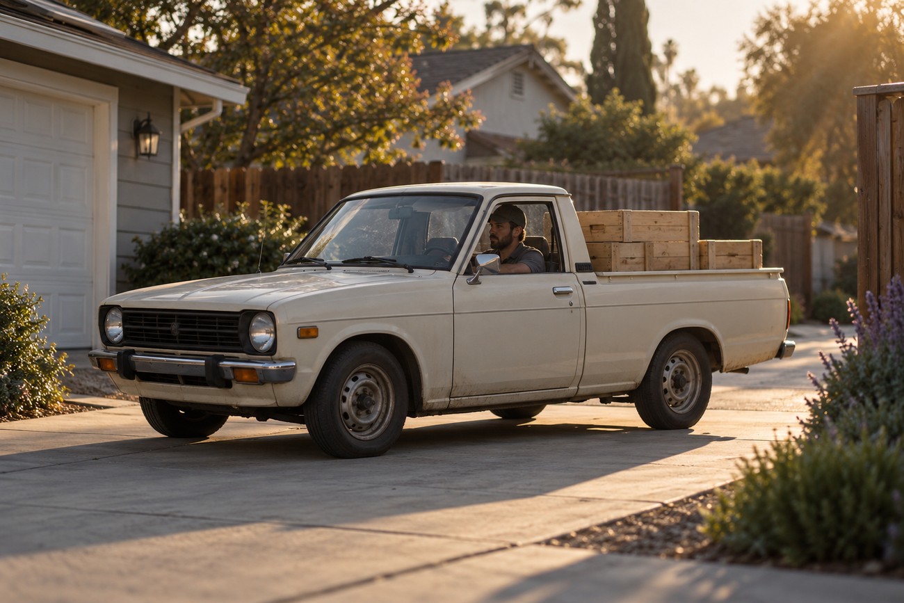 A man driving a vintage white Nissan Sunny Truck loaded with wooden crates on a suburban driveway