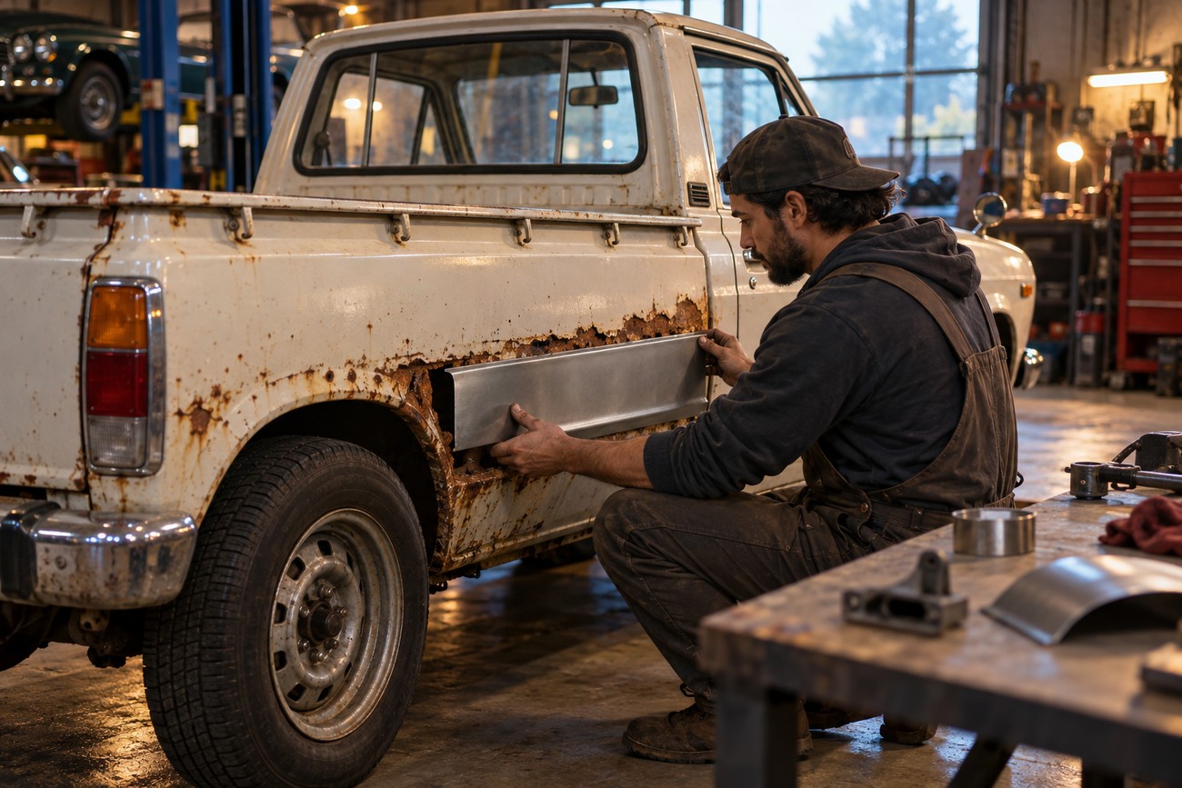 A mechanic in overalls fitting a new steel panel to the rusted side of a vintage white Nissan Sunny Truck in an auto repair shop