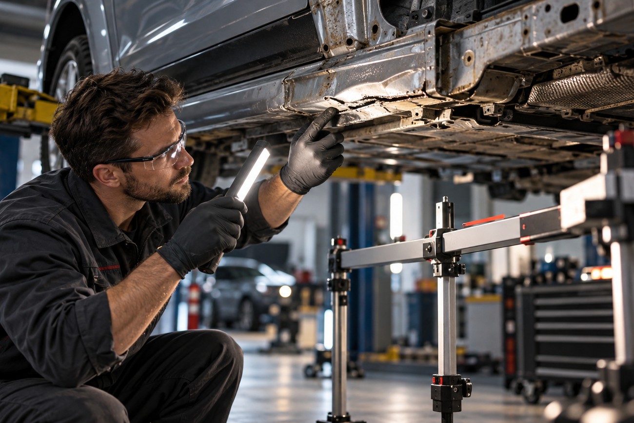 Mechanic wearing protective glasses and gloves inspects rust and damage on a car unibody sill jacking point with an LED flashlight
