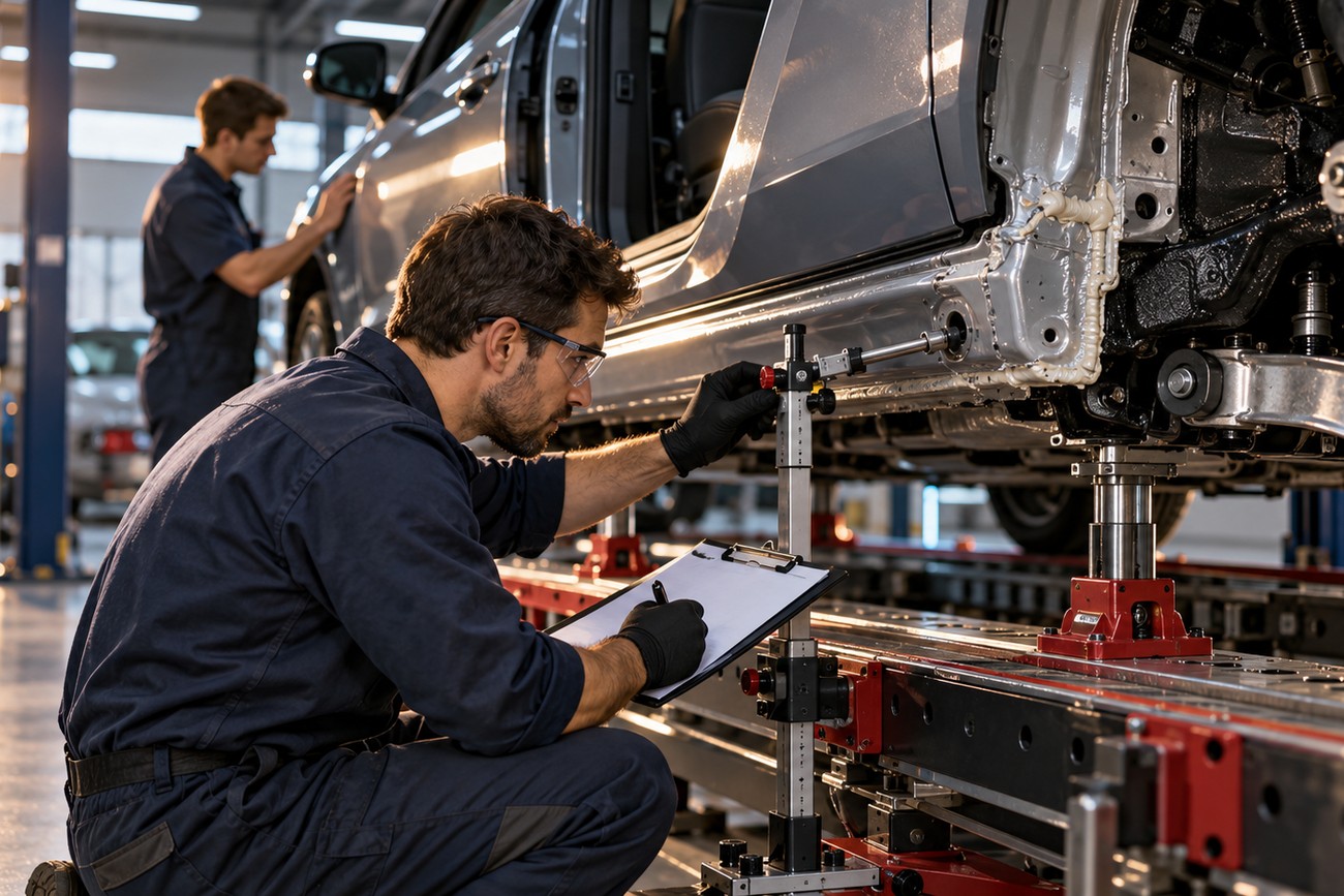 A mechanic wearing safety glasses uses a measuring gauge to check the unibody sill jacking point on a car frame in a repair shop