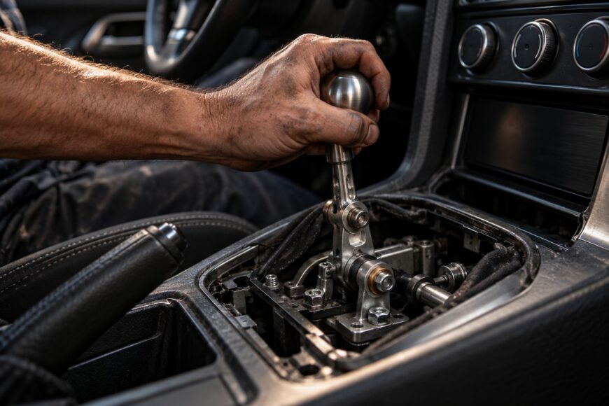 Mechanic's hand holding the metal knob of an aftermarket short shifter installed in a car