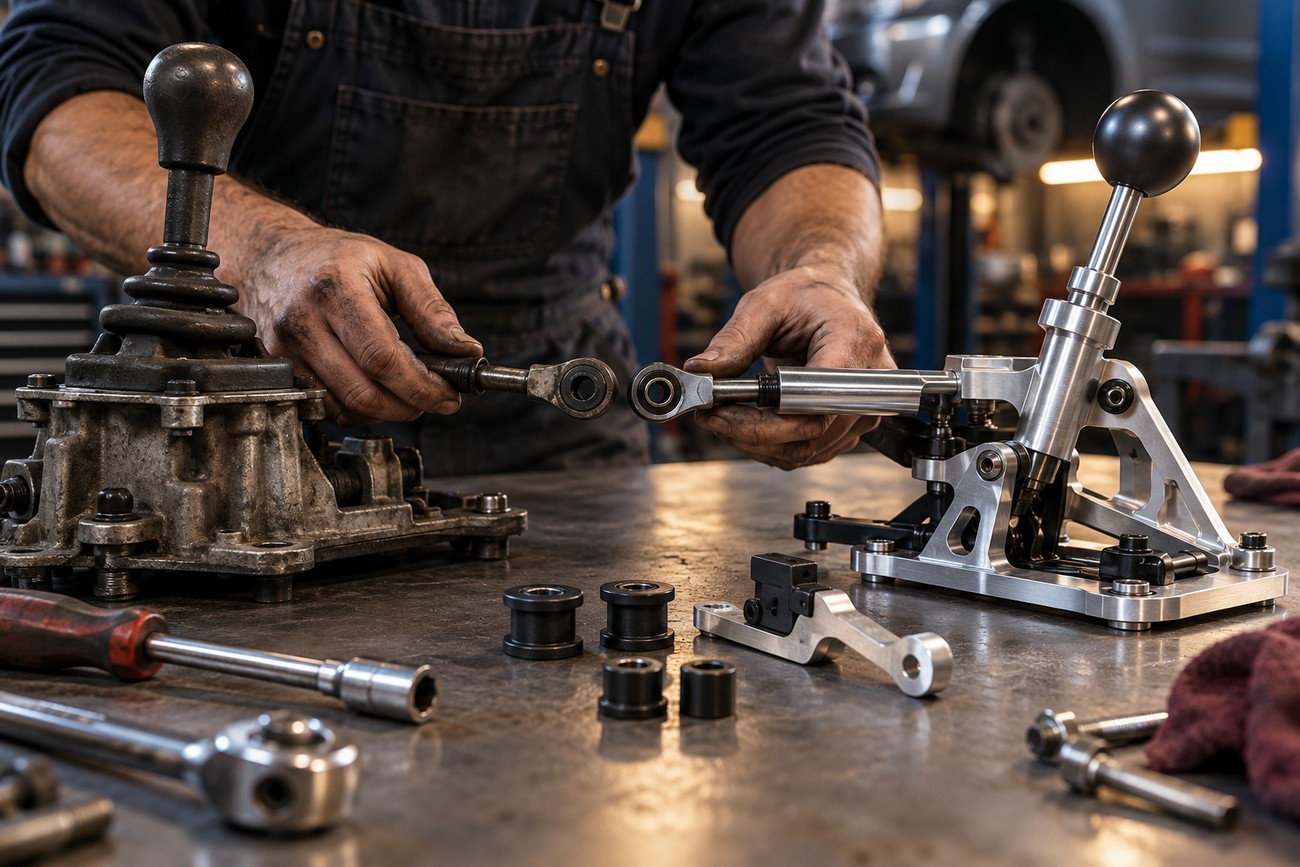 A mechanic in an auto repair shop assembling components of a performance short shifter kit on a workbench