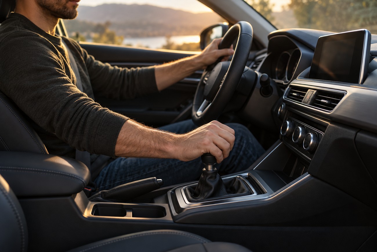 Male driver holding the gear shift knob in the interior of a car with a manual transmission