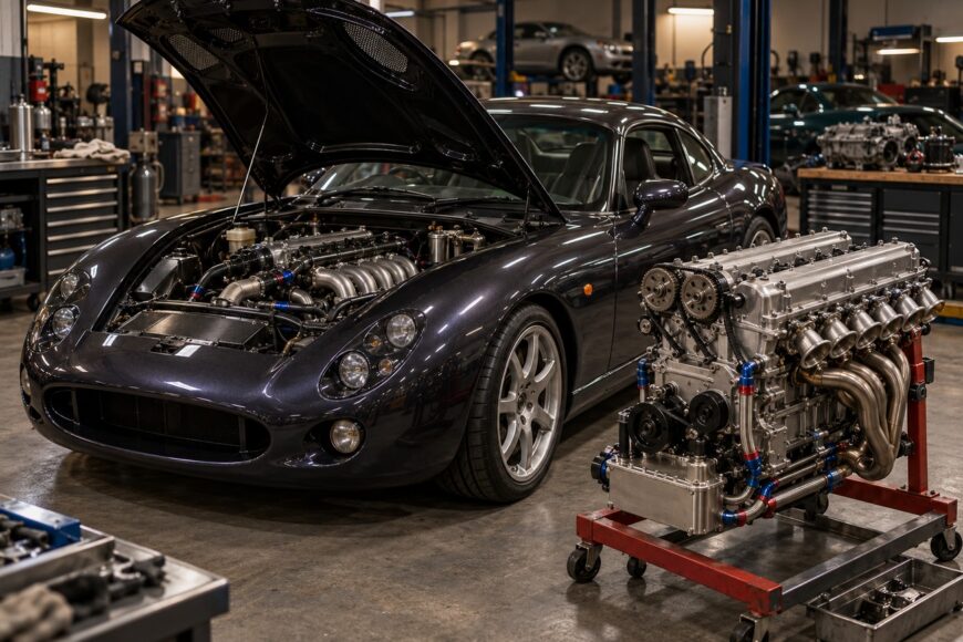Dark TVR Cerbera sports car with open hood in a workshop alongside a standalone Speed Six engine on a stand