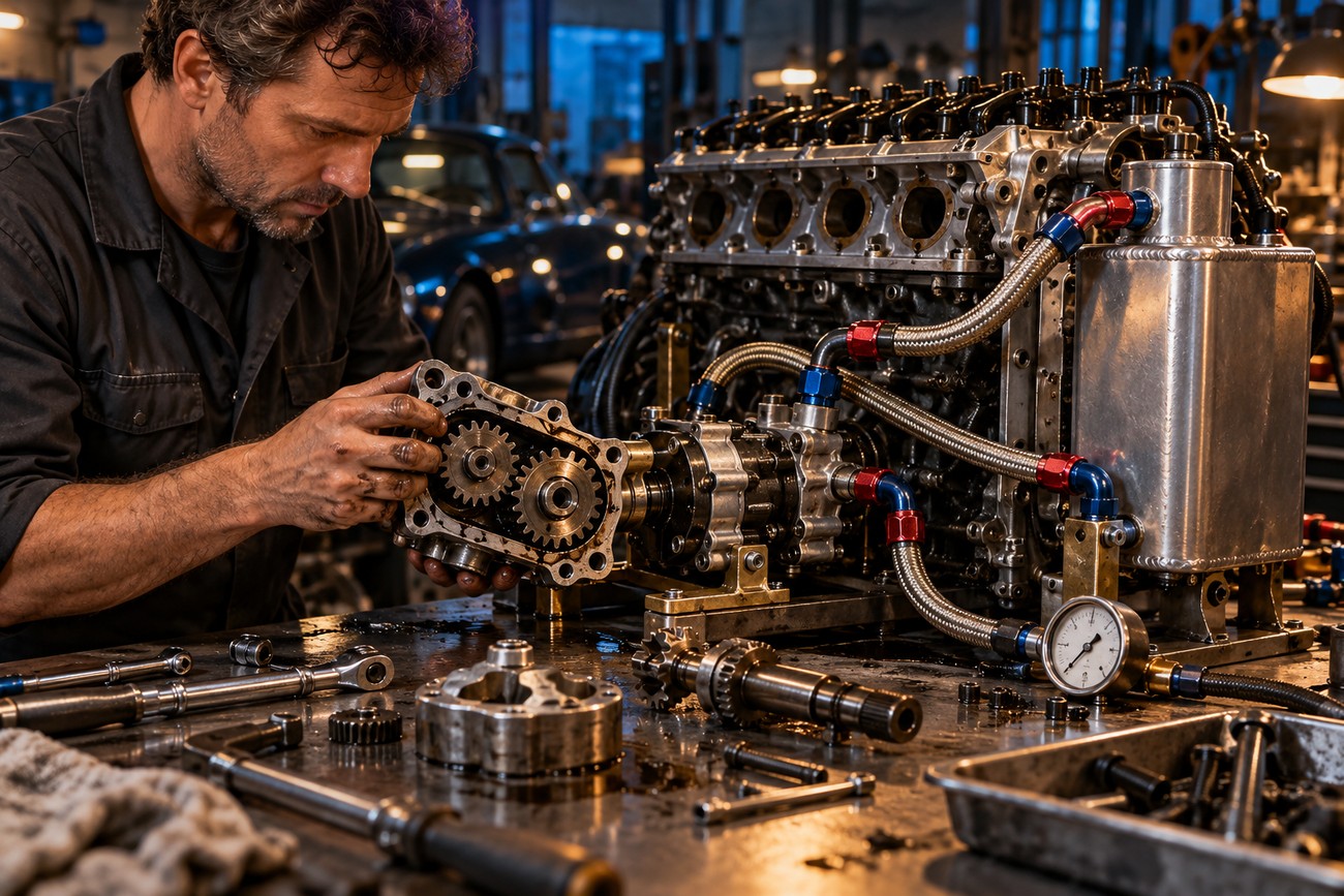 Mechanic assembling internal components of a TVR Cerbera Speed Six engine at a workshop workbench