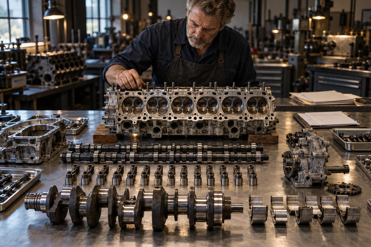 Mechanic carefully inspecting disassembled engine components including a cylinder head and crankshaft on a workbench