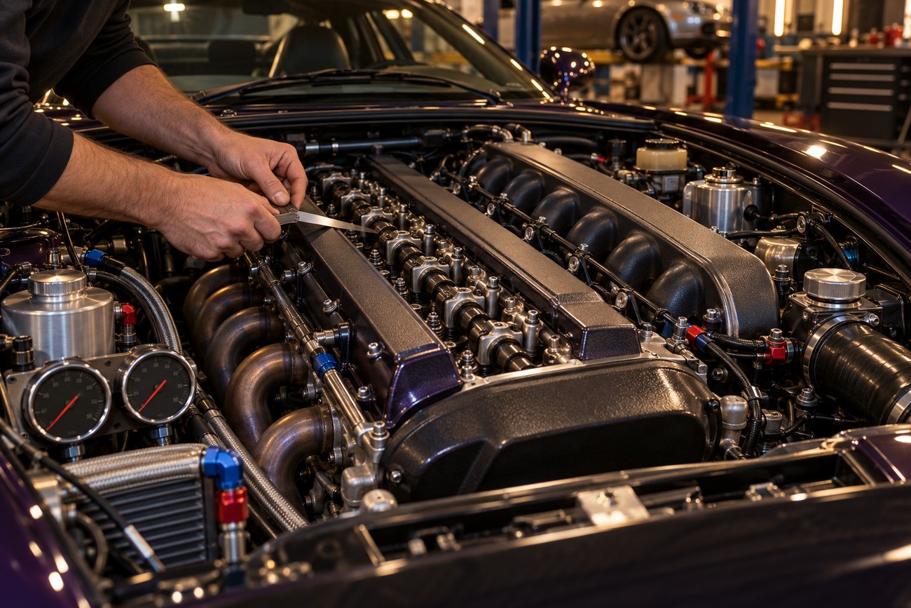 Mechanic adjusting valves with a feeler gauge on a TVR Cerbera Speed Six engine in a garage