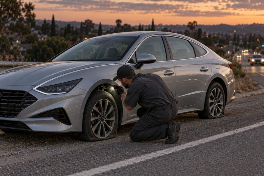 A mechanic inspects the front wheel of a silver Hyundai Sonata with a flat tire on the roadside at sunset