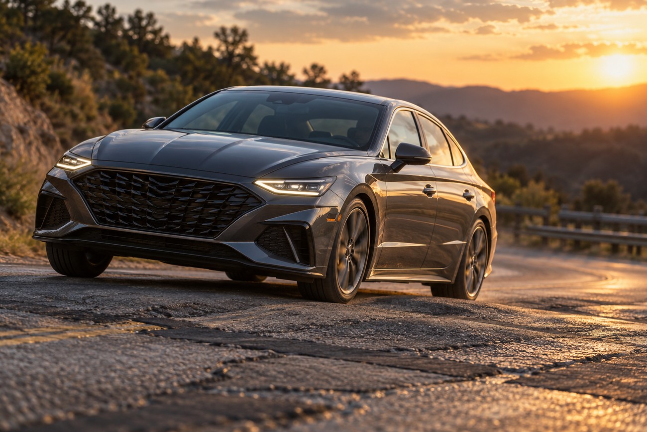 A modern dark gray Hyundai Sonata driving slowly over a heavily damaged and cracked asphalt road at sunset