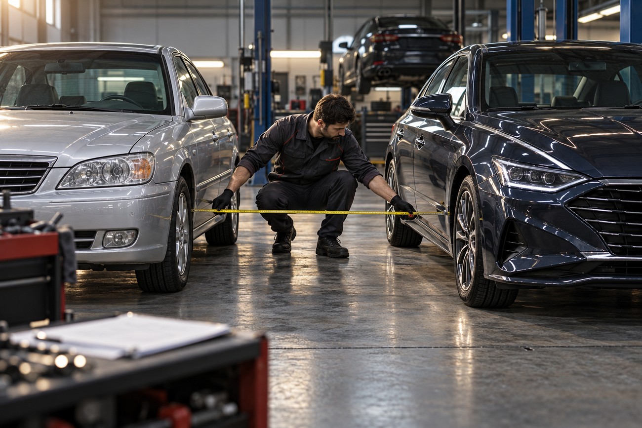 Mechanic crouching between two Hyundai Sonata cars in a workshop and measuring the distance between their tires with a yellow tape
