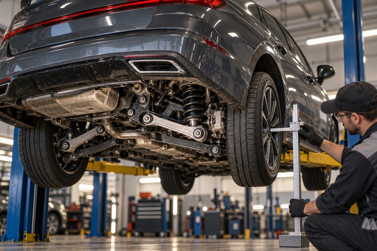 Mechanic measuring wheel alignment on a Hyundai Sonata lifted in a repair shop