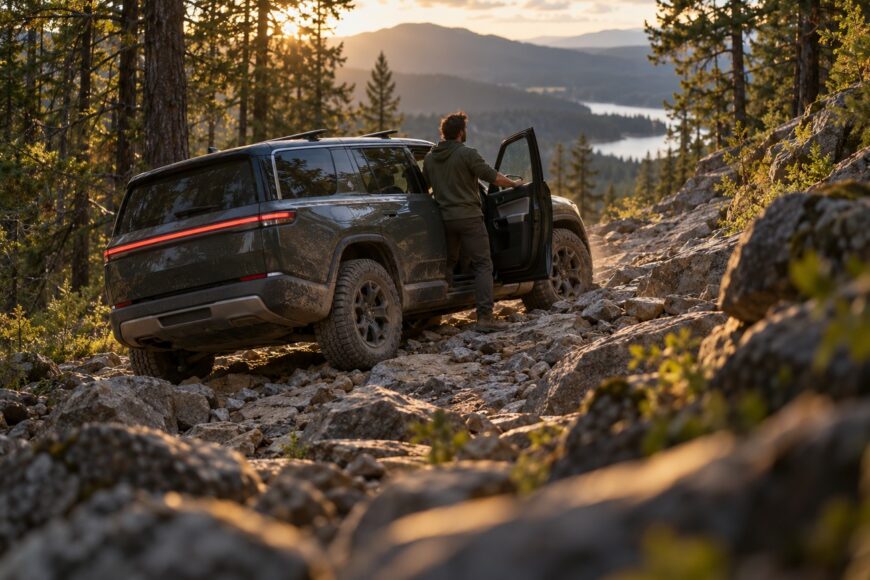 A man standing by the open door of a dark Rivian R1S parked on a rocky mountain trail
