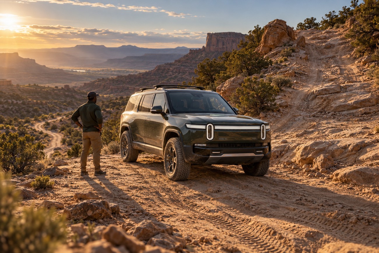 A driver stands beside a dark green Rivian R1S parked on a rocky, remote off-road trail during sunset