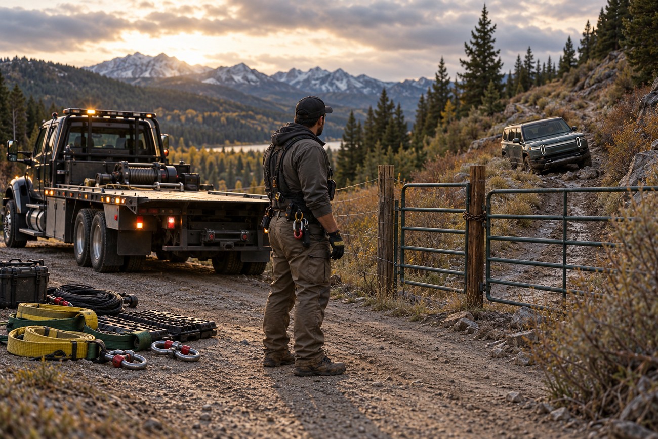 A tow truck operator stands near his flatbed truck looking at a Rivian R1S stuck on a rocky mountain trail