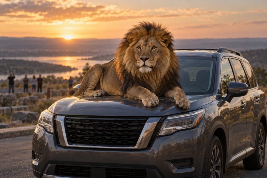 A majestic male lion lying on the hood of a gray Nissan Pathfinder at sunset