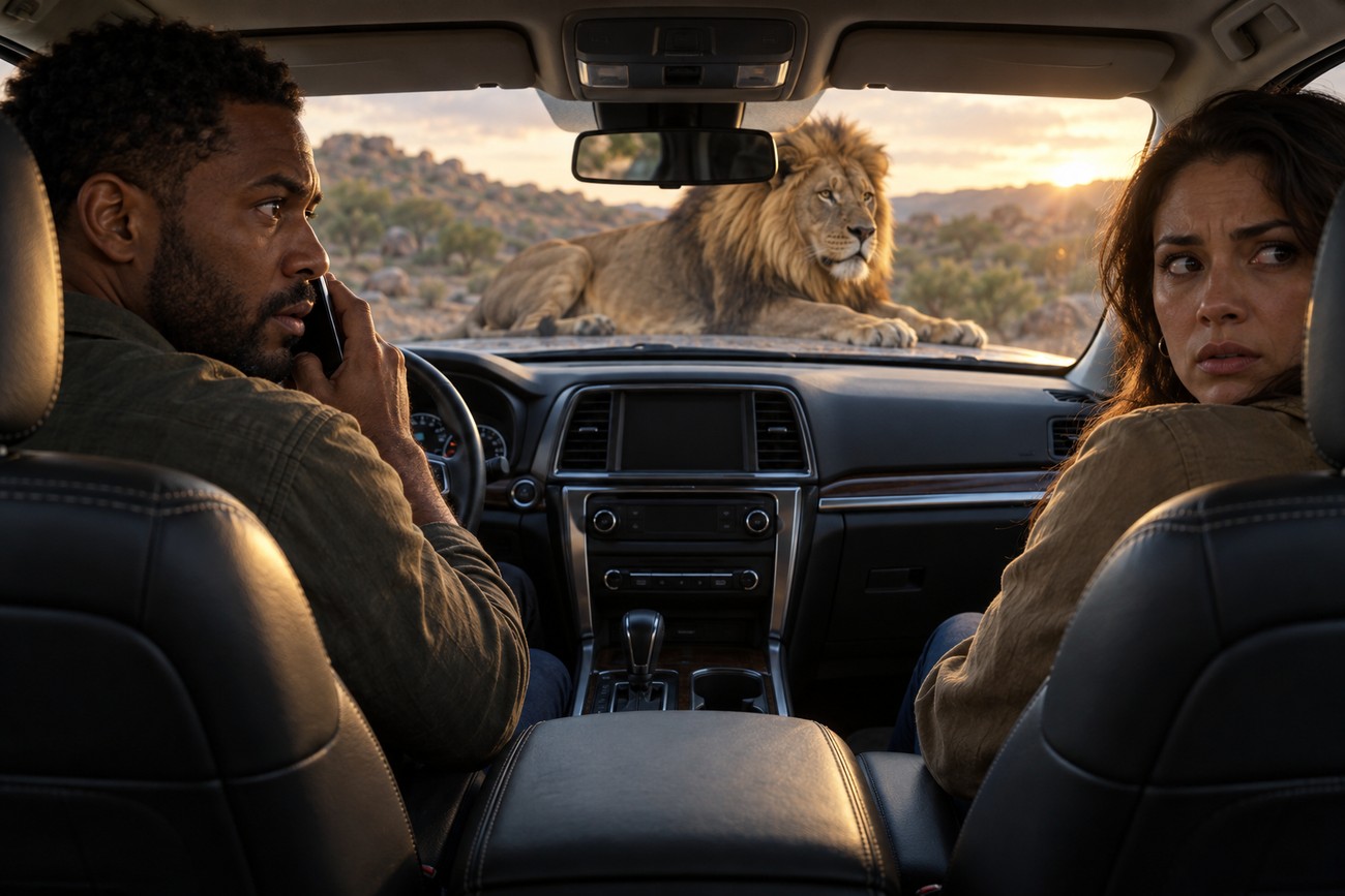 A stressed man and woman sitting inside a Nissan Pathfinder while a large lion lies on the hood outside