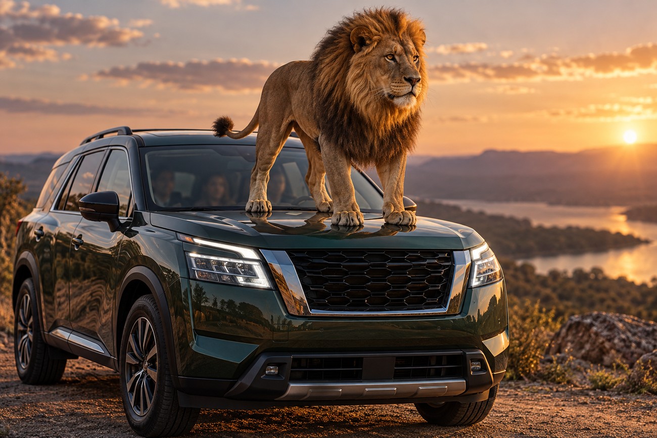 A large male lion stands on the hood of a green Nissan Pathfinder SUV during a sunset safari
