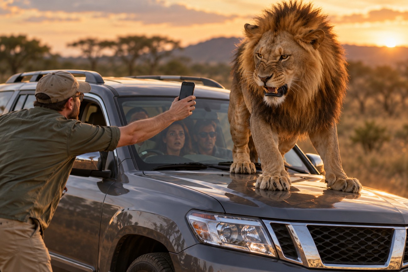 A large male lion standing on the hood of a gray Nissan Pathfinder while a man photographs it with a phone