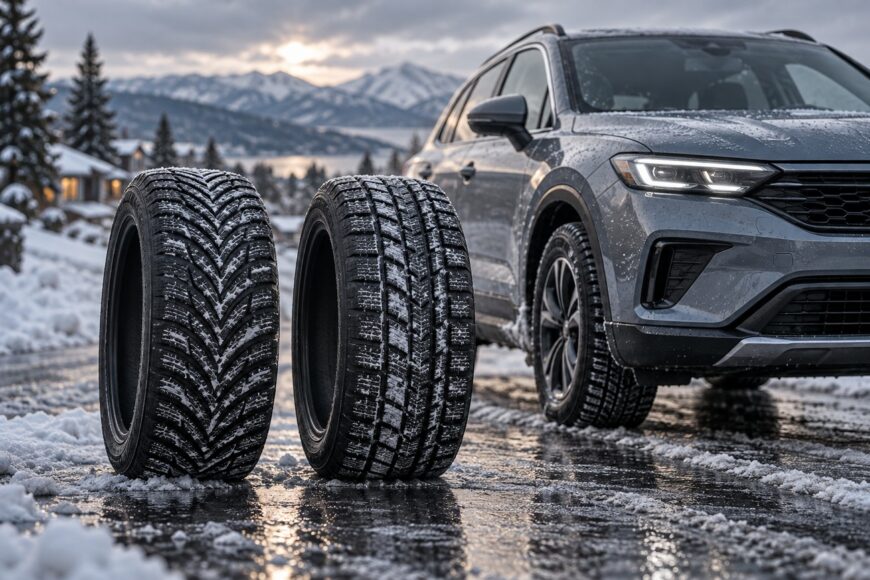 Two winter tires standing on a snowy road with a modern SUV parked in the background