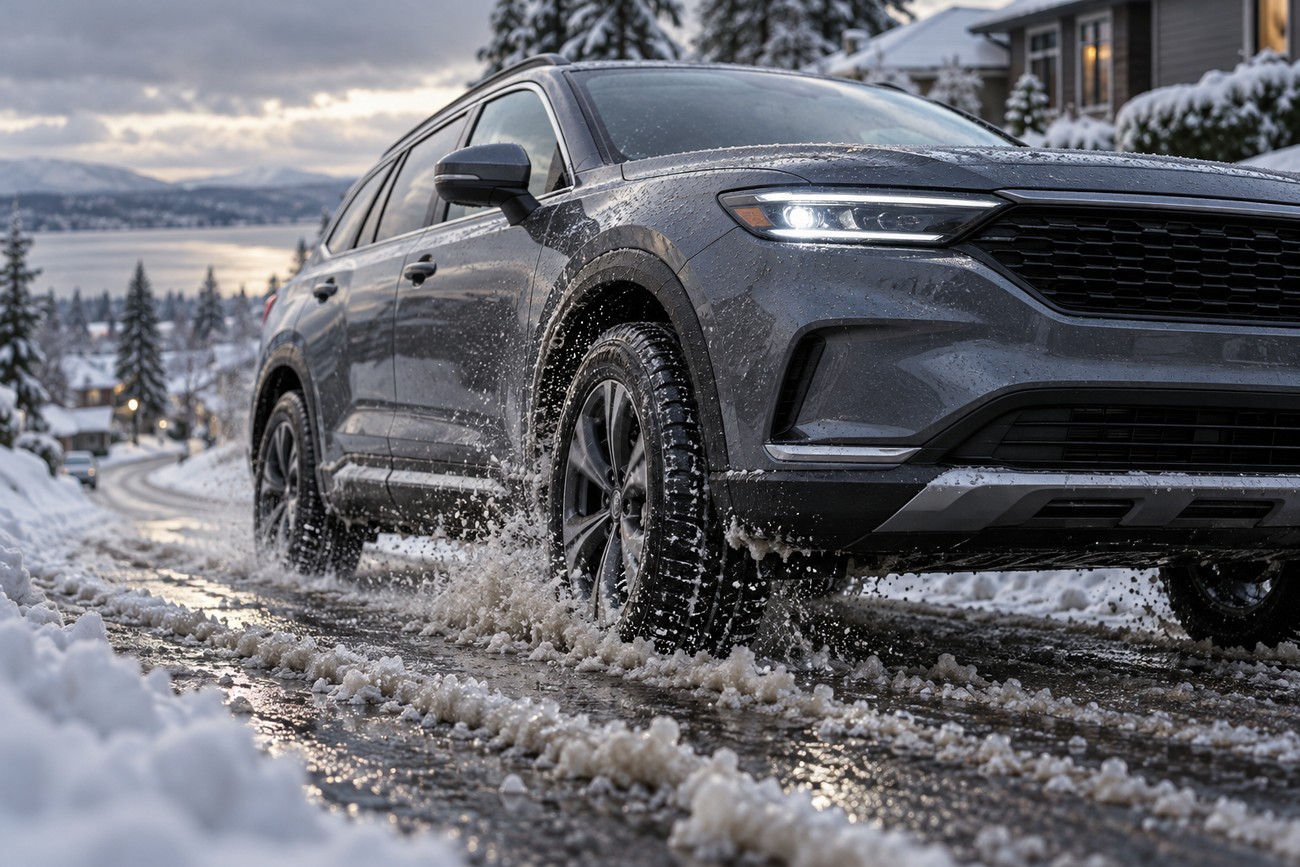 A modern grey SUV driving through slush and melting snow on a winter road with pine trees in the background