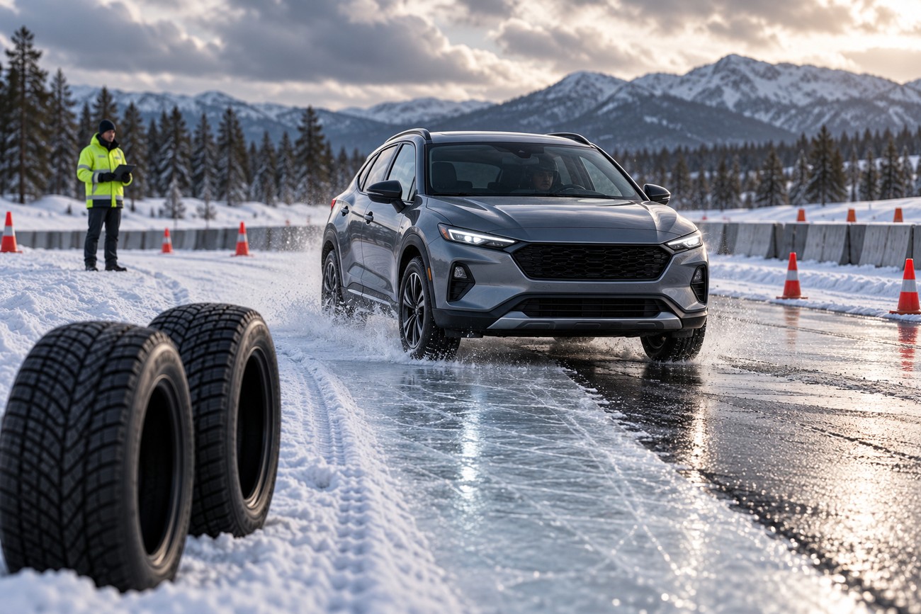 A grey crossover SUV drives on an icy winter test track past stacked tires and safety cones with an observer standing in the snow