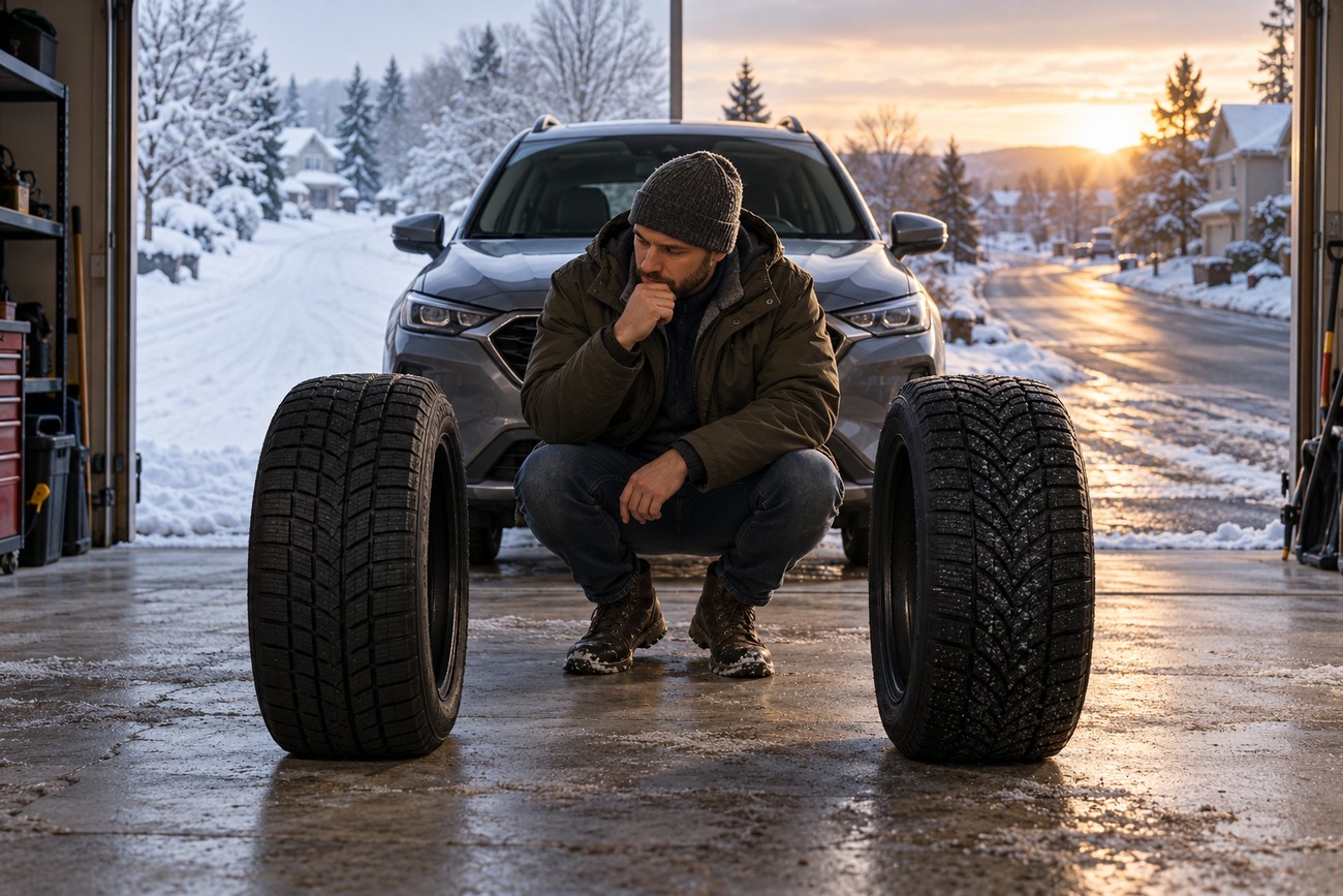 A man in a winter jacket crouching in a garage and thoughtfully comparing two winter tires