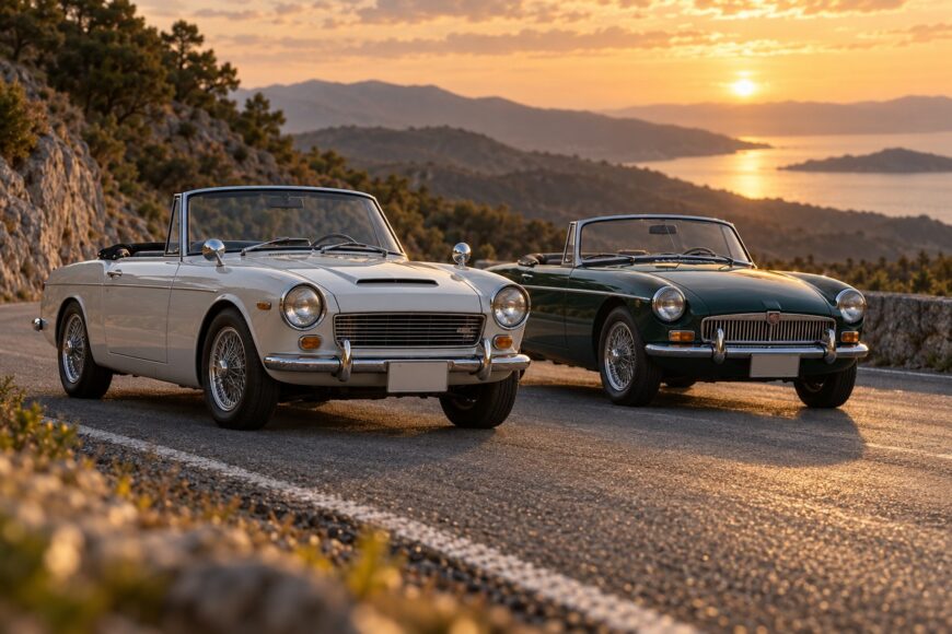 A white Datsun Fairlady 2000 and a green MGB roadster parked on a winding coastal road at sunset with mountains in the background