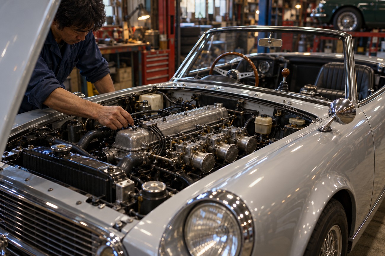 A mechanic in a blue work shirt inspects the engine of a classic silver Datsun Fairlady 2000 roadster inside a workshop