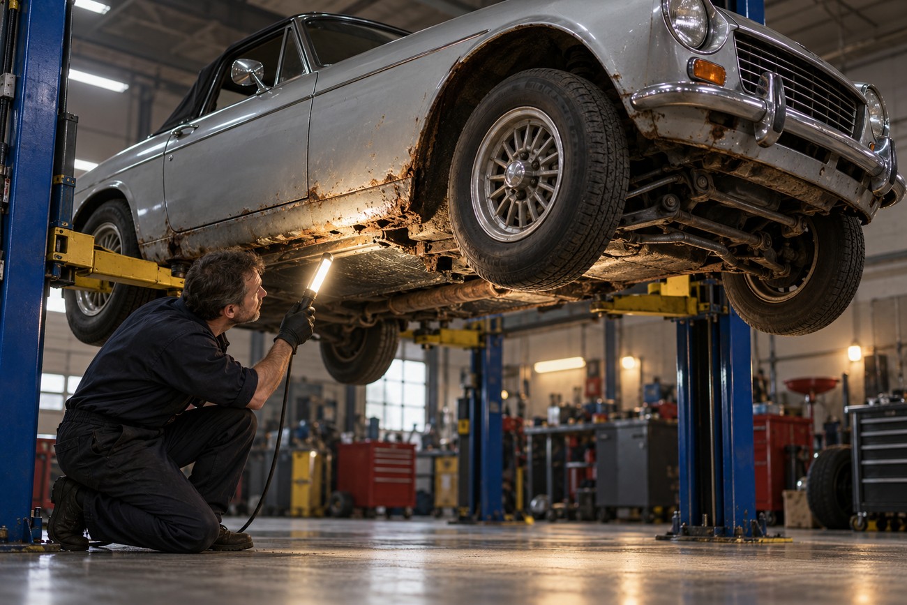 A mechanic in black overalls crouches and inspects the rusty undercarriage of a silver Datsun Fairlady 2000 lifted on a hydraulic hoist in a garage
