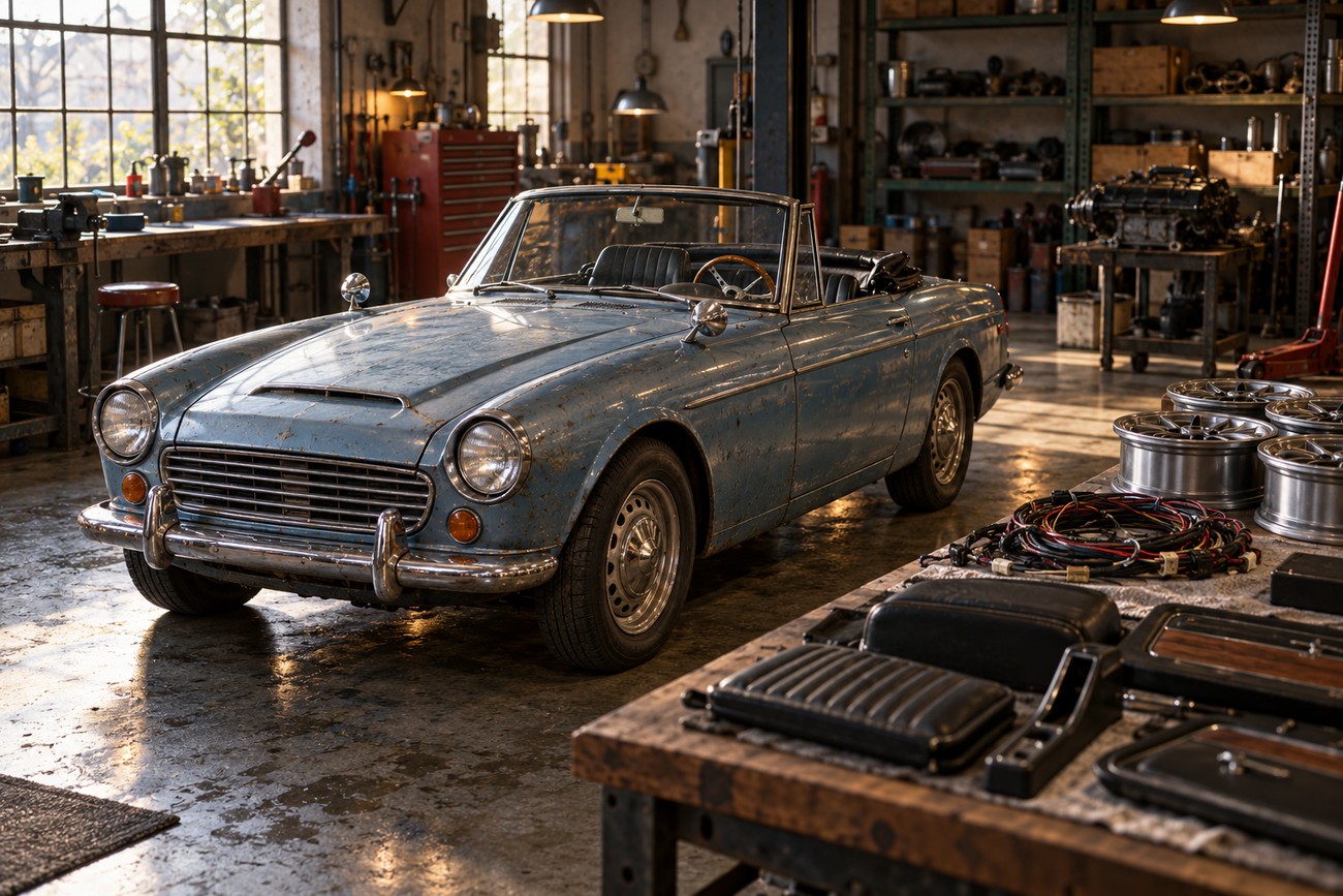 Vintage blue Datsun Fairlady 2000 roadster parked inside a cluttered mechanic garage with spare parts on a wooden workbench