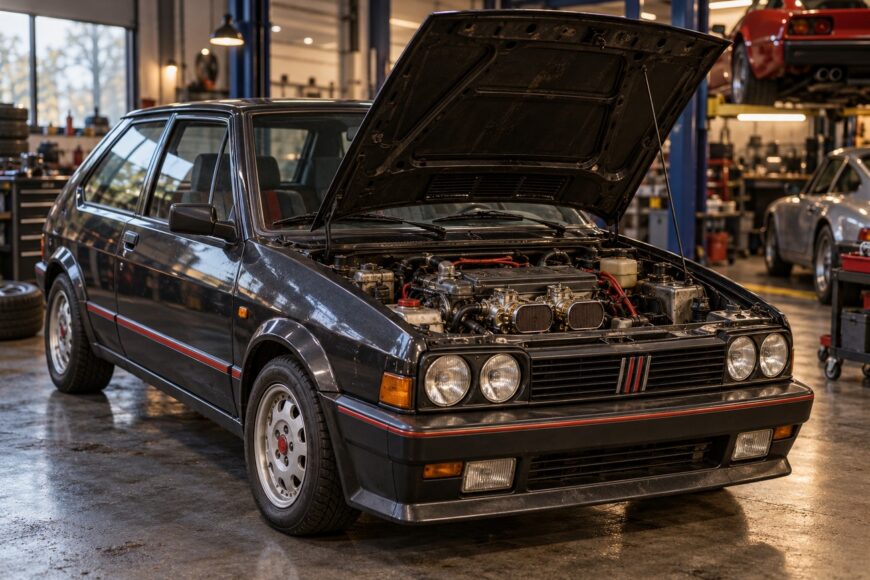 A dark grey Fiat Ritmo Abarth 130 TC hot hatch with its hood open in a professional garage showcasing the engine