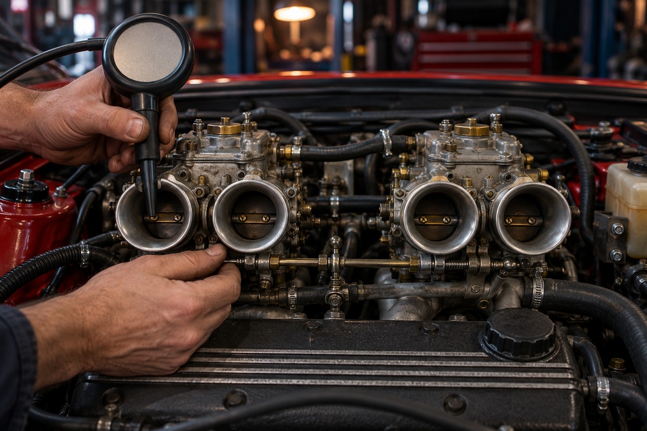A mechanic balancing twin carburetors with a flow meter on a classic Fiat Ritmo Abarth 130 TC engine