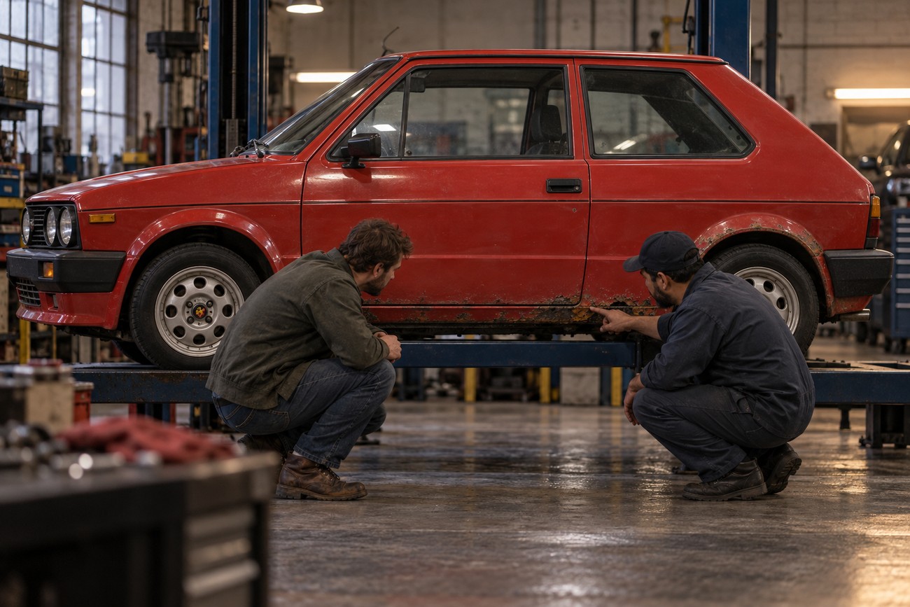 Two mechanics squatting and inspecting rust on the side panel of a red classic Fiat Ritmo Abarth 130 TC hot hatch raised on a lift in a garage