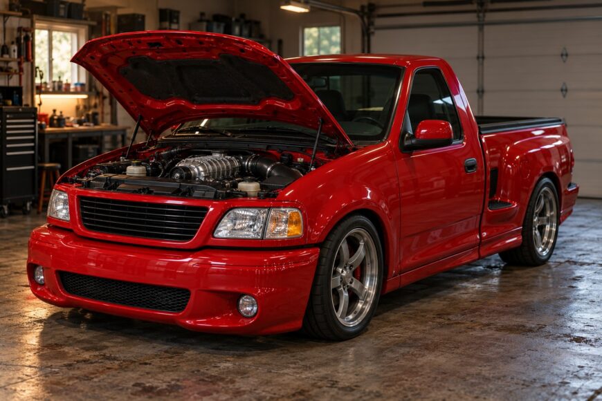 Bright red Ford SVT Lightning sport truck parked inside a garage with the hood open revealing the engine