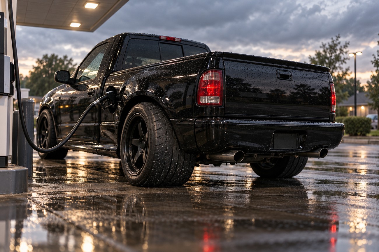 Black Ford SVT Lightning sport truck refueling at a gas station on a wet evening