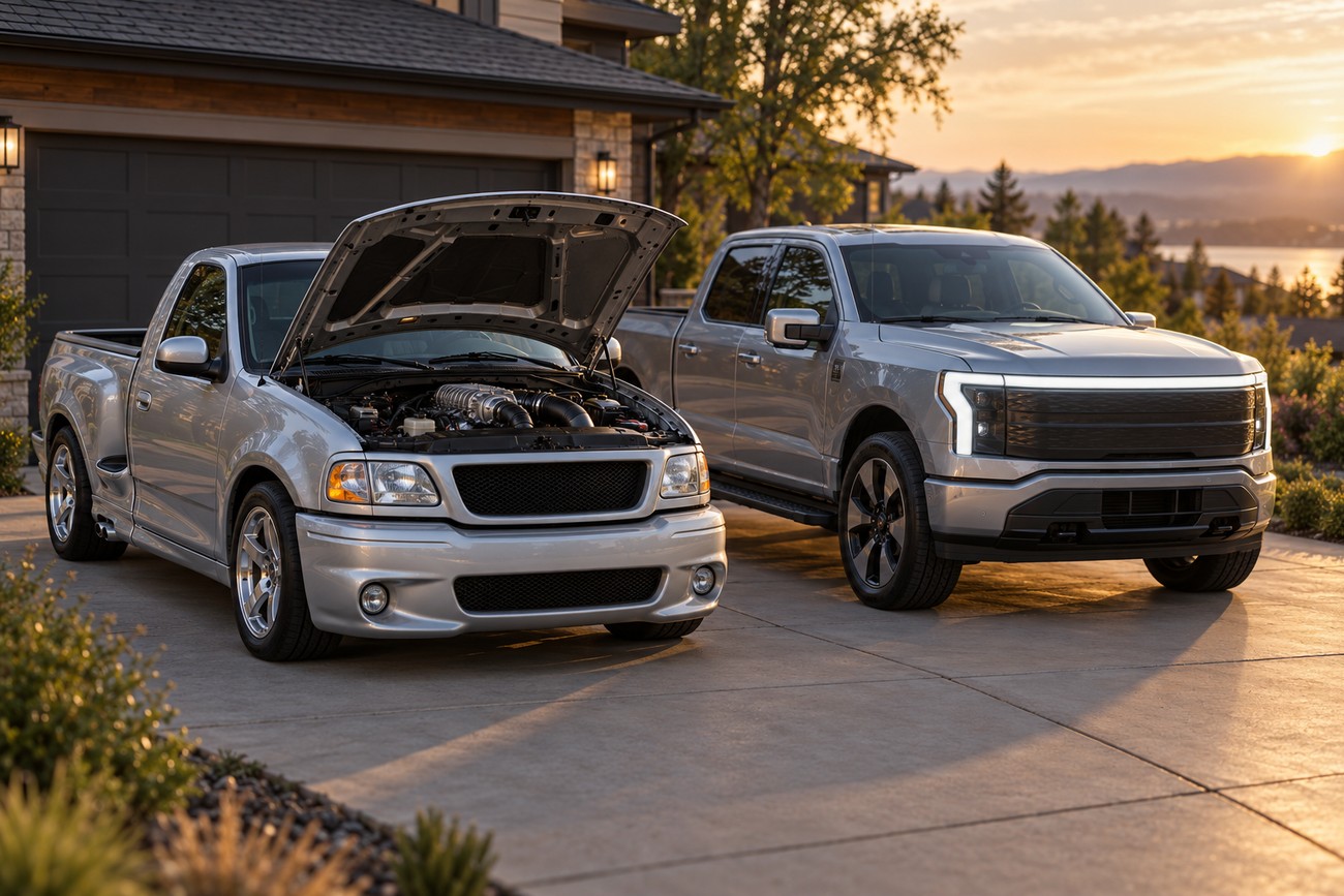 A classic silver Ford SVT Lightning with an open hood parked next to a modern electric F-150 Lightning in a suburban driveway at sunset