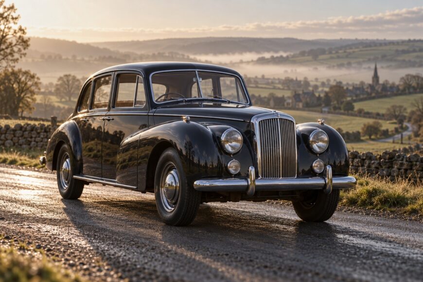A black 1948 Healey Elliott classic sedan parked on a wet country road during a misty morning sunrise