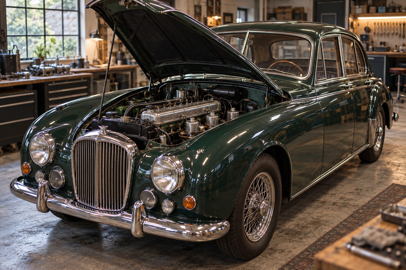 Classic green Healey Elliott sedan with open hood parked inside a vintage workshop with visible engine